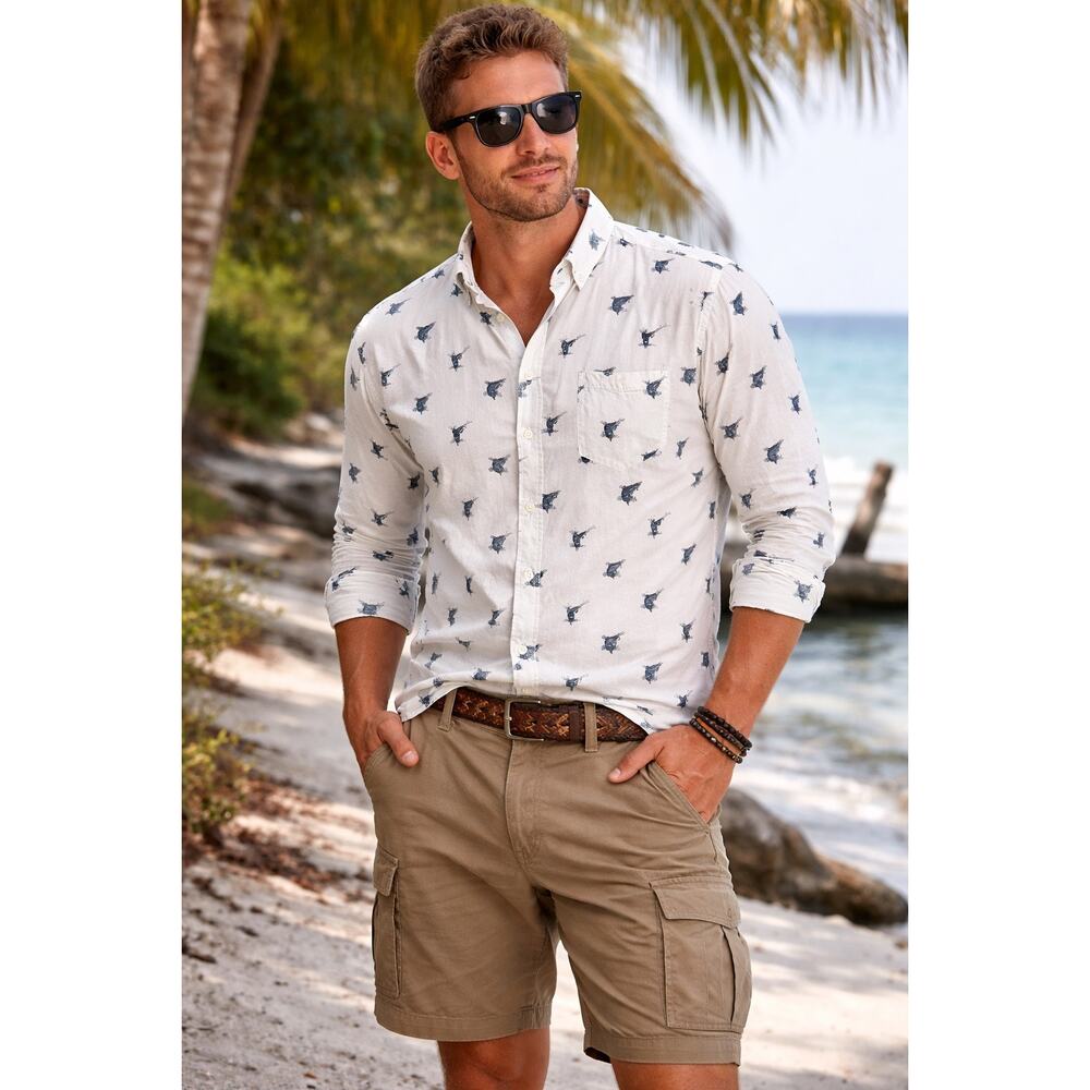 Free Nature Fishing Print Shirt Mens Large Button Up Outdoor Lightweight Travel